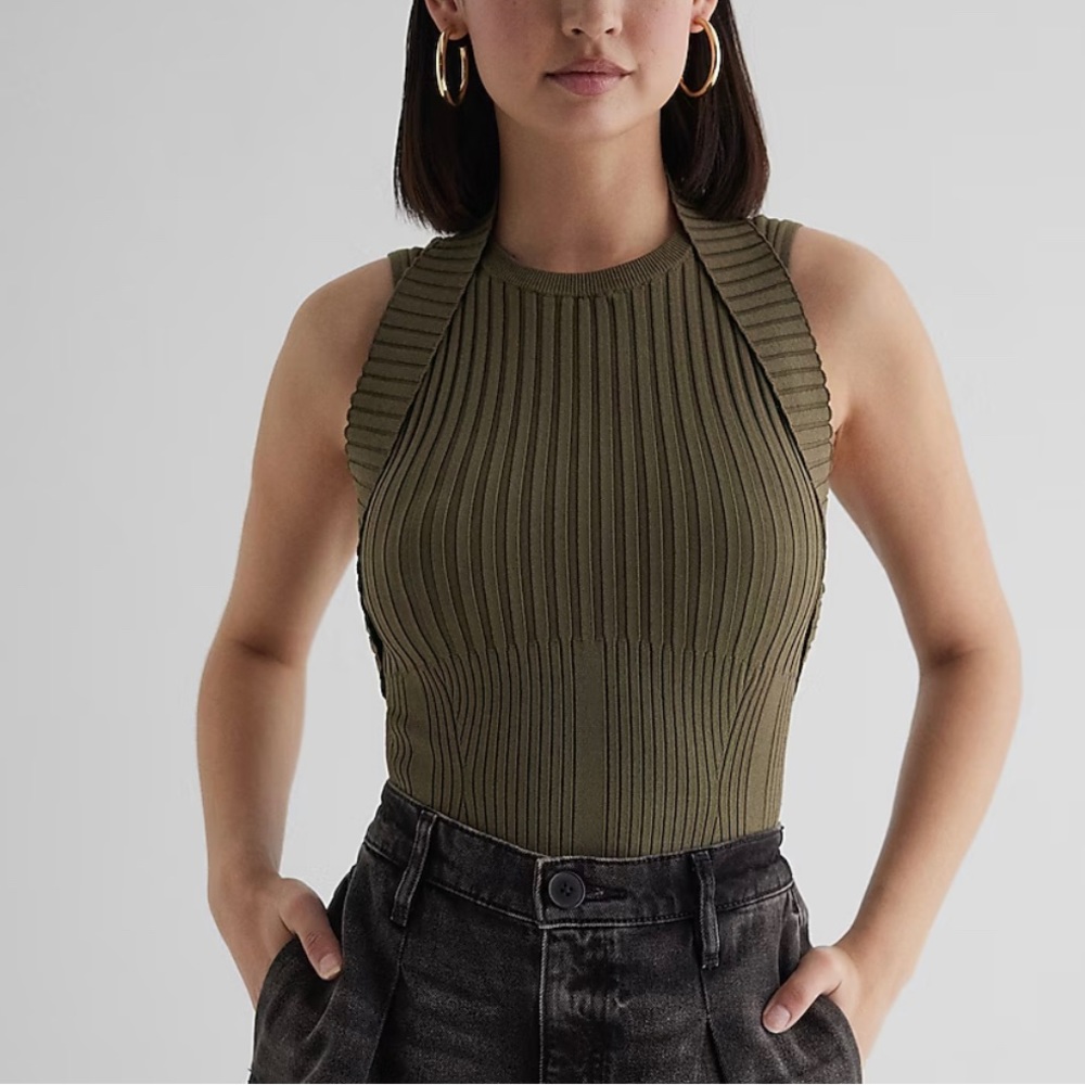 Express Body Contour Ribbed High Neck Sweater Tank-Olive, XS, NWOT